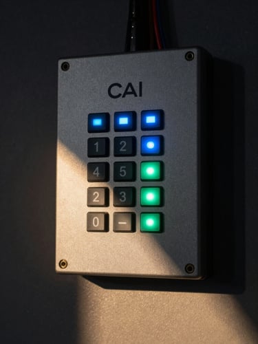 Close-up of a CAI access control panel mounted on a dark wall, hardware keypad with illuminated cyan and green status LEDs, wiring visible at edges, tungsten ambient light from below casting sharp shadows on the device face