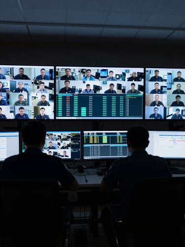 Wide shot of a security operations center at night, three large monitors showing live camera grids and access event timelines with cyan and white data overlays, operator silhouette at workstation, deep navy ambient light, no visible faces