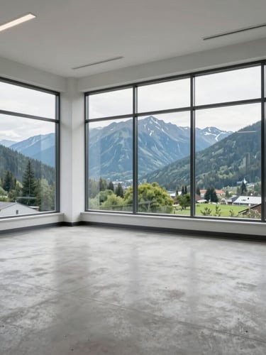 A spotless, empty commercial office space with large windows overlooking British Columbia mountains, bright overcast daylight, clean concrete floors.