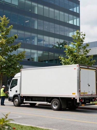 A clean commercial moving truck parked in front of a modern office building in British Columbia, bright overcast daylight, organized transport crew in professional uniforms.