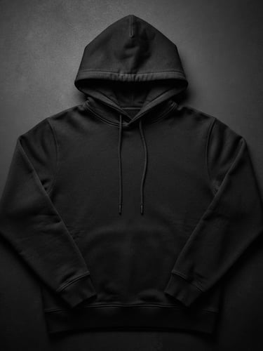 Sharp studio photography of a custom black hoodie with bold typography, high-contrast crisp lighting, stark black and white tones, premium editorial lookbook, 50mm lens