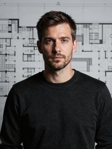 Straight-on portrait of a designer in a dark studio, sharp high-contrast lighting, architectural blueprint background, monochrome palette.