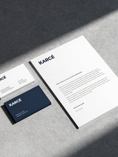 Flat-lay architectural branding mockup on a light gray concrete surface, high-contrast cool studio lighting, sharp shadows, showcasing a business card and letterhead with structured sans-serif typography.