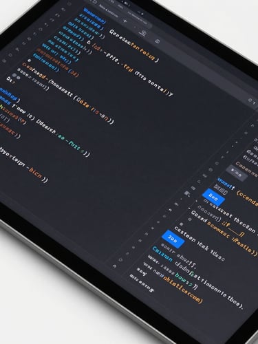 Orthogonal flat-lay screenshot of clean PHP code blocks and custom Gutenberg block layouts on a high-contrast charcoal screen, sharp studio lighting, blue accents.