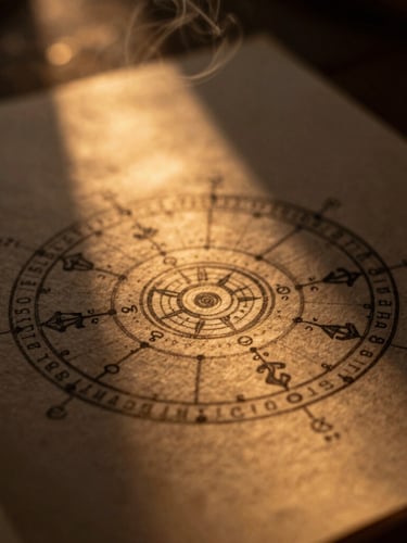 Macro close-up of a hand-drawn Kundli chart on textured handmade paper, warm low-key lighting with golden shafts of light cutting through soft incense smoke, shallow depth of field