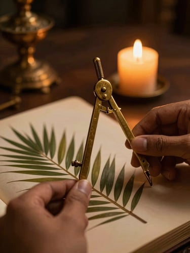 Hands holding ancient brass dividers over a palm-leaf manuscript, lit by a single warm candle flame, deep amber and midnight tones, shallow depth of field