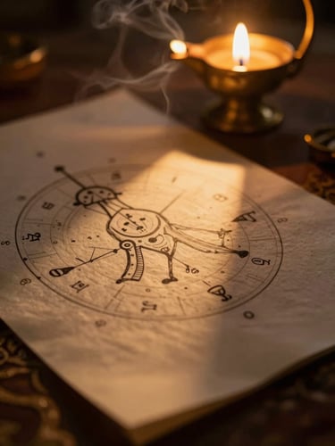 Close-up of a hand-drawn Kundli birth chart on textured handmade paper, illuminated by a warm, dramatic low-key golden shaft of light cutting through soft incense smoke, brass oil lamp glowing in the background, shallow depth of field.