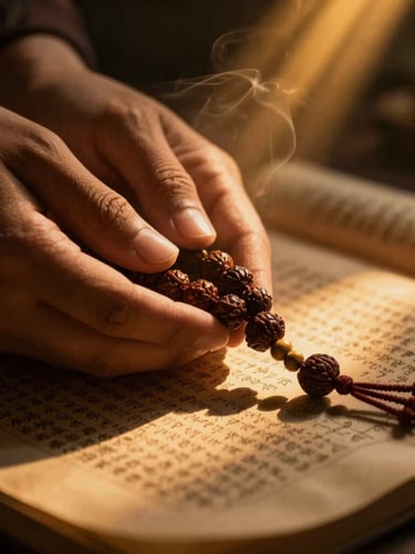 Macro close-up of hands holding rudraksha beads over an ancient palm-leaf manuscript, warm low-key lighting, golden shafts cut through soft incense smoke.
