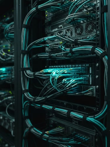 Precise macro shot of server rack cabling with neon-teal accents, low-key server room lighting, dark cinematic photography, 35mm lens