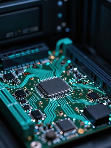 Close-up of server motherboard with intricate circuitry and glowing neon-teal connections, low-key server room lighting, precise macro shot, 35mm lens.
