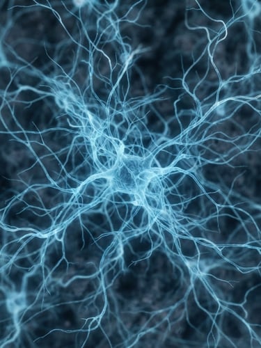 Macro-abstract photography of soft blue neural pathways, clean scientific composition, diffused laboratory light, calming cool tones, 35mm lens.