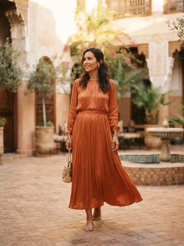 Elegant Moroccan woman wearing a flowing terracotta dress, standing in a warm sunlit riad courtyard, golden-hour light, soft-focus architectural background, warm editorial fashion photography