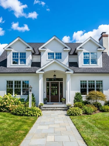 Straight-on low-angle shot of a beautiful suburban home with clean white siding under bright midday sunlight, brilliant blue sky, sparkling clean windows, high-contrast, 35mm lens.