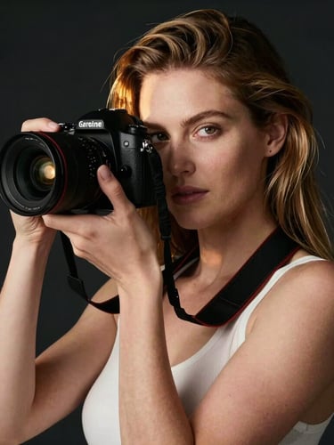 Chiaroscuro portrait of Geraldine Pavan, holding a professional camera, warm key light illuminating her face, dark obsidian background, high-fashion editorial style