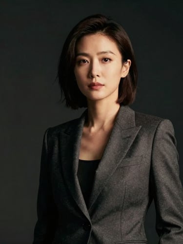 Cinematic portrait of a confident female executive in a charcoal tailored suit, dramatic chiaroscuro lighting with deep shadows, warm key light illuminating her face, dark studio background.