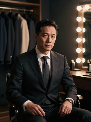 Cinematic chiaroscuro portrait of a high-profile executive sitting in a moody, dark-toned dressing room. Warm vanity light bulbs illuminate one side of their face, casting dramatic shadows. In the background, soft out-of-focus racks of luxury suits and silk lapels are visible.