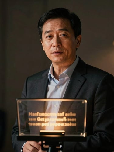 Cinematic portrait of an executive speaking confidently, a teleprompter glass reflecting glowing amber text in the foreground, moody chiaroscuro lighting with deep shadows and warm key lights.