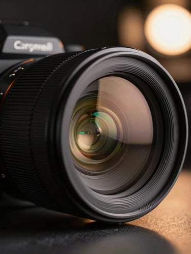 Cinematic close-up of a high-end camera lens reflecting warm studio lights, dark moody background, chiaroscuro lighting