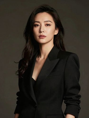 Dramatic portrait of an elegant woman in a tailored black blazer, warm chiaroscuro lighting, dark background, cinematic editorial composition.