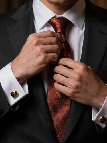 Dramatic close-up of hands adjusting a luxury silk tie and gold cufflinks under warm studio lights, dark background, high contrast chiaroscuro