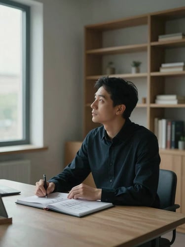 Wide environmental shot, left-side bleed — consultant seated at a minimal desk in a calm interior, hands resting on an open notebook filled with structured diagrams, soft north-facing window light from the left, cool daylight, muted warm tones, architectural order in the background, no eye contact, thinking posture