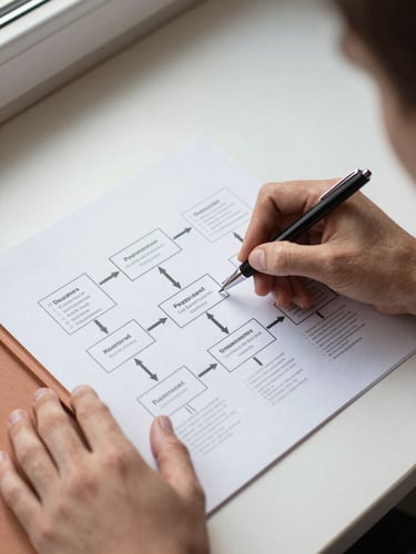 Close-up overhead flat lay of hands annotating a structured business framework document on a clean desk, fine-tipped pen marking connections between process stages, soft natural window light from the top left, terracotta notebook edge visible at one corner, calm ordered composition, no digital screens