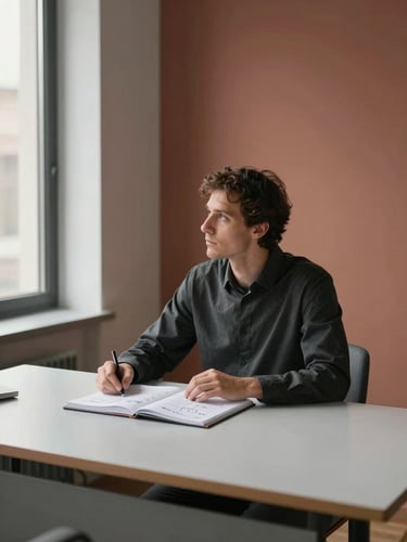 Wide environmental shot, consultant in medium-distance seated posture at a clean minimal desk, hands resting on an open notebook with handwritten framework annotations, soft north-facing window light entering from the left, muted terracotta and warm grey tones in the room, calm ordered interior, no screens visible, portrait aspect ratio