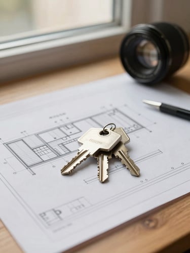Close-up of physical keys and architectural blueprint drawings resting on a wooden table, warm soft natural window light, 35mm lens editorial photography.