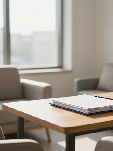 Warm editorial photography of a modern, sunlit consultation room with comfortable seating, soft morning light streaming through a large window, a neat wooden table with organized folders, representing a calm professional advisory setting, shallow depth of field, 35mm lens.