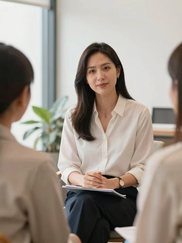 A professional female advisor speaking calmly with co-parents in a bright, modern Orlando office, soft natural daylight, warm tones, authentic interaction, shallow depth of field, 35mm lens.