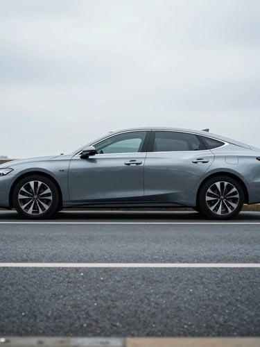 Wide panoramic street-level shot of a modern hybrid sedan parked under cool overcast daylight on a clean urban street, tight technical crop, negative space on the left.