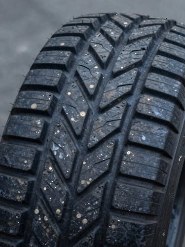 Macro detail of a high-performance commercial tyre tread pattern, sharp focus, industrial lighting