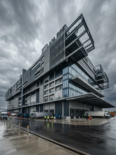 Low-angle heroic perspective of a modern architectural logistics terminal in Germany, overcast daylight, steel grey tones