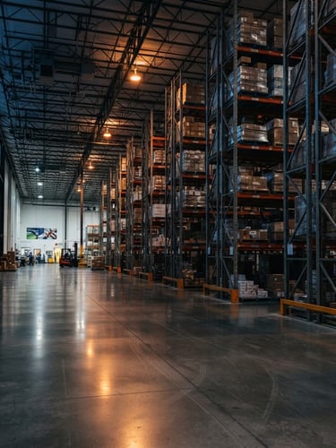 Low-angle wide shot of a modern architectural warehouse interior at cool twilight, clean concrete floors reflecting warm sodium lighting, high steel racks, negative space on left