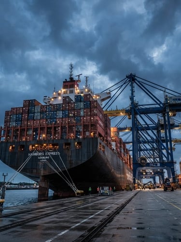 Low-angle heroic perspective of a massive container ship docked at a modern German port, cranes towering against a dramatic overcast twilight sky, cool steel tones.