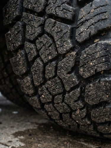 Low-angle close-up macro photography of a premium heavy-duty commercial tyre tread, deep grooves, sharp rubber details, dramatic cold overcast lighting, steel grey tones
