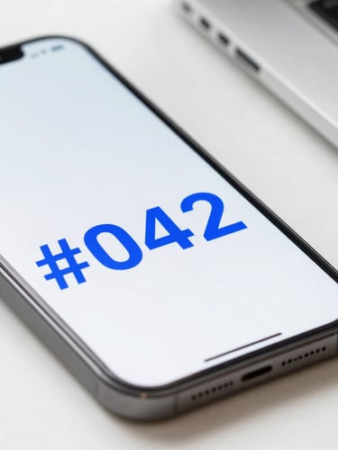 Close-up of a sleek smartphone screen displaying a bright blue 3-digit number '#042' in bold monospace, clean white desk background, bright studio lighting, sharp focus, high contrast, 50mm