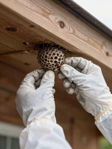 Close-up of a technician's gloved hands carefully removing a wasp nest from a wooden eave in natural daylight, protective suit sleeve visible, unpainted wood grain in sharp detail, calm and methodical framing