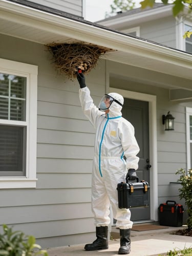 Wide shot of a suited pest control technician standing at the exterior wall of a residential property in natural daylight, protective gear on, equipment case at side, ready to assess a nest site visible on the eave above