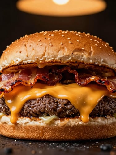 Macro low-angle shot of a massive dripping cheeseburger with melted cheddar and crispy bacon, dark gritty background, warm dramatic overhead lighting