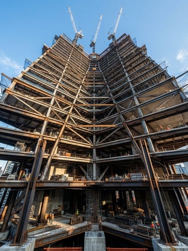 Low-angle architectural shot of a massive commercial steel skyscraper frame under construction, sharp morning daylight casting geometric shadows, deep depth of field.