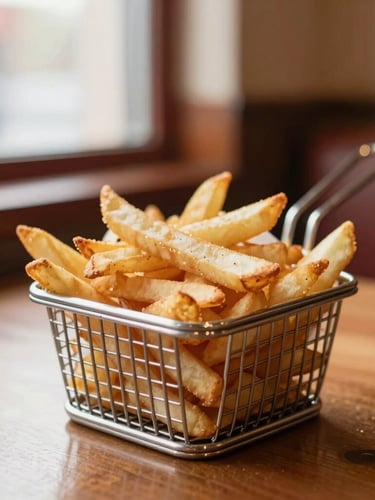 A close-up of golden hand-cut Idaho fries in a metal serving basket on a wooden table, warm ambient diner lighting, shallow depth of field