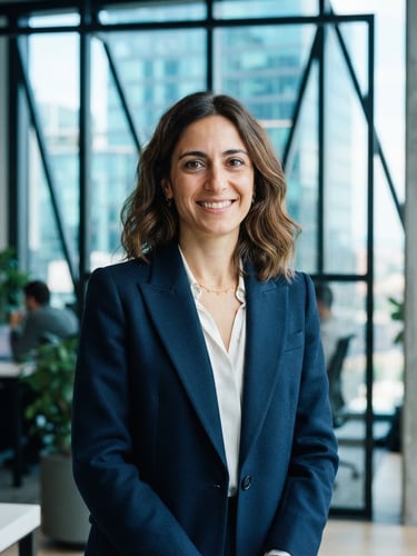 Professional editorial portrait of Ilaria Faravelli in a bright, modern office with geometric window frames. Crisp natural daylight with cool blue tones, direct eye contact, sharp focus, 35mm lens.