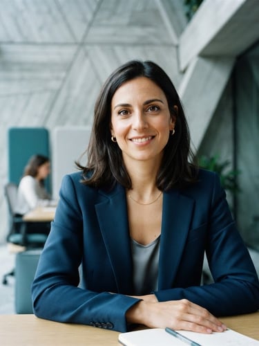Crisp medium-close portrait of Ilaria, a professional woman, in a bright modern workspace with geometric concrete lines. Cool daylight, sharp focus, professional editorial photography, 35mm lens, looking directly at the camera.