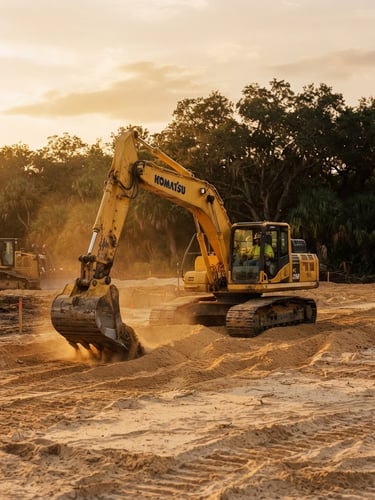Wide panoramic of yellow heavy machinery operating with surgical precision on sandy Florida soil at golden hour, low-angle hero shot, dust motes visible, preserved native oak hammock in the background