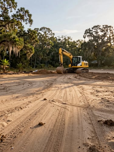 Wide shot of a recently cleared Florida homesite, native oak hammock preserved on one side, clean sandy soil, morning sun.