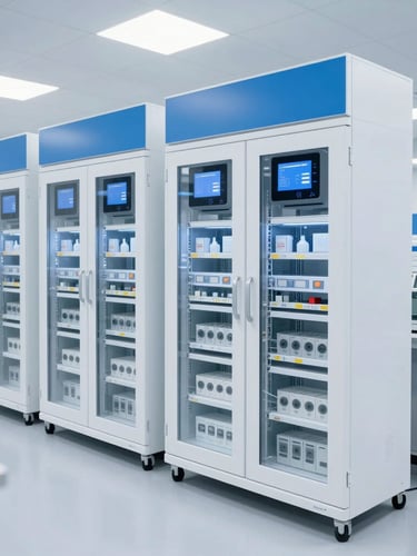 Vista amplia de un almacén farmacéutico moderno con estanterías industriales limpias y control de temperatura automatizado, iluminación clínica blanca y azul.