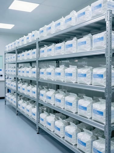 Wide shot of a sterile pharmaceutical cold-chain storage facility, cool blue and clean white lighting, steel shelves with medical packages, sharp focus clinical style.