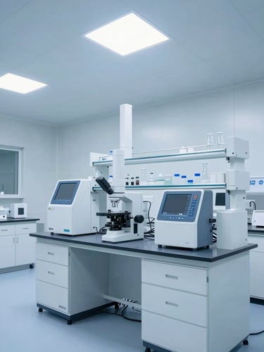 Clean clinical photography of a modern pharmaceutical laboratory with cool blue tones, sterile lighting, high-precision equipment, wide shot