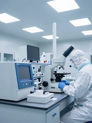 Wide shot of a sterile, high-tech pharmaceutical cleanroom with clinical blue and white lighting, precise laboratory equipment, and a scientist in protective gear.